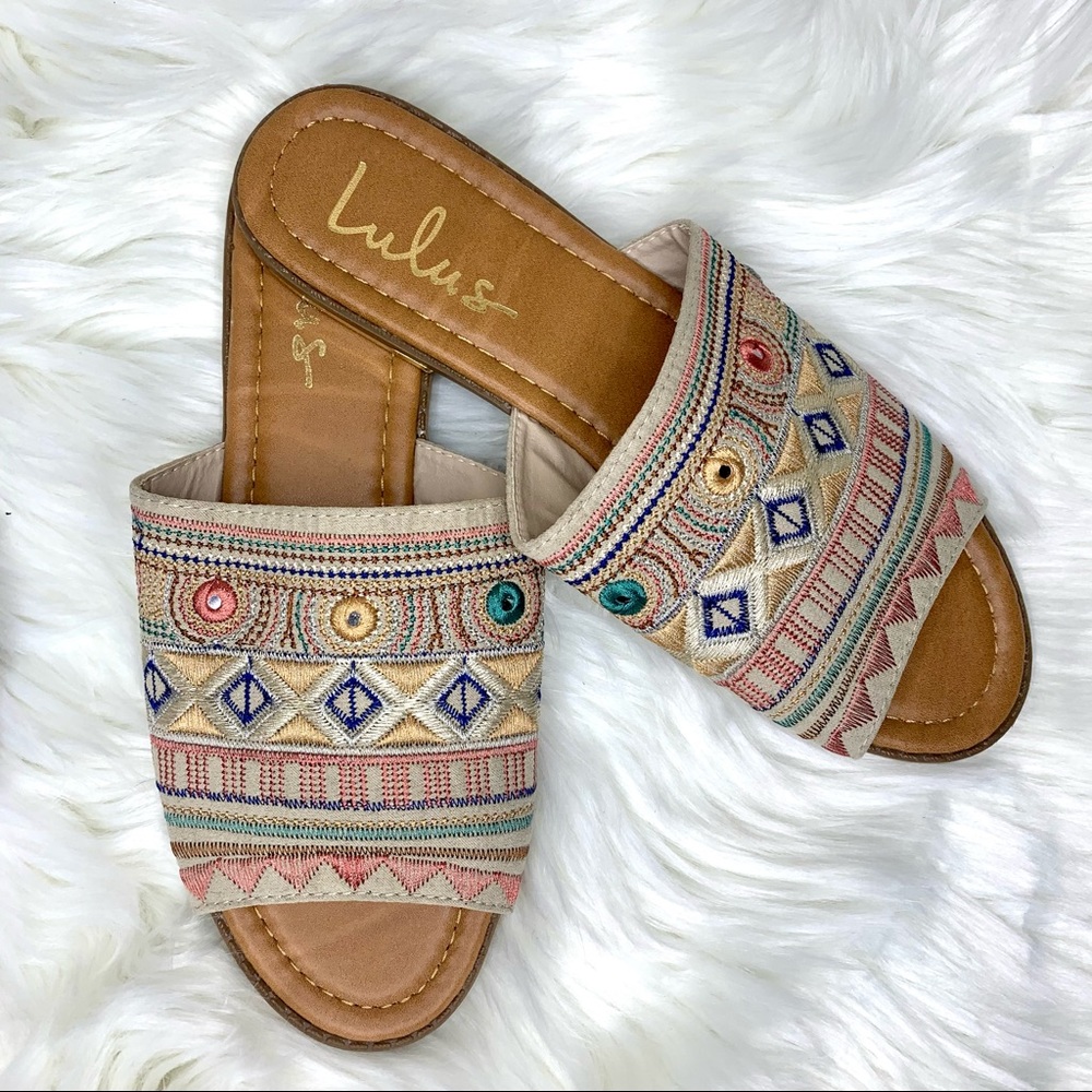 Lulu’s Kamala Embroidered Slide Sandals